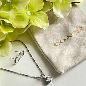 Coach Silver-Tone Necklace with Pearl Pendant and Hoop Earrings
